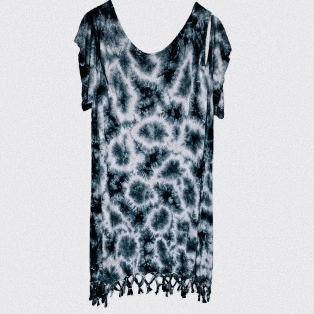 Swimsuits For All Women Plus 18/20 Black Slate White Tie Dye Fringe Cover Up NEW
